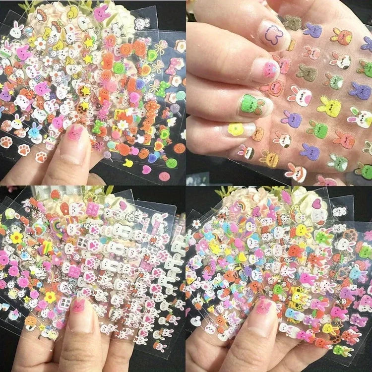 10pcs Kids Cartoon Nail Stickers - Waterproof Self-Adhesive Vinyl Nail Art with Cute Bunny, Animal & Fruit Designs
