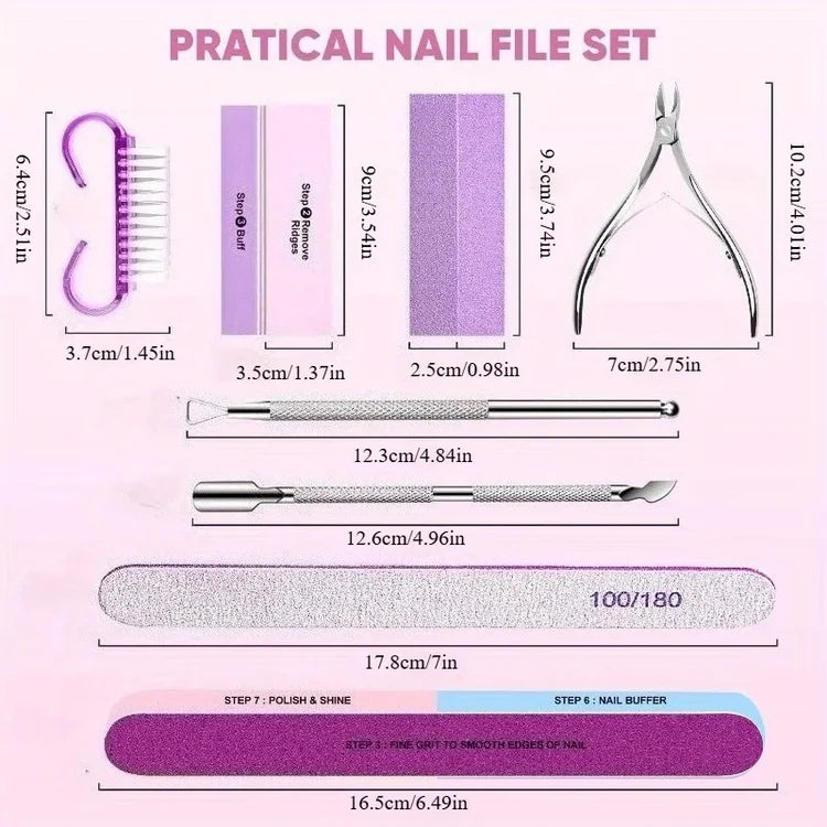 10/15pcs Professional Nail Art Kit with 100/180 Grit Files,Buffer Sponge,Brush,Scissors,Cuticle Nippers Pushers Gel Polish Tools