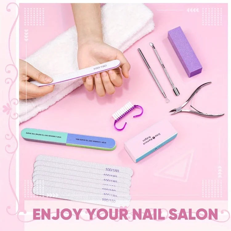 10/15pcs Professional Nail Art Kit with 100/180 Grit Files,Buffer Sponge,Brush,Scissors,Cuticle Nippers Pushers Gel Polish Tools
