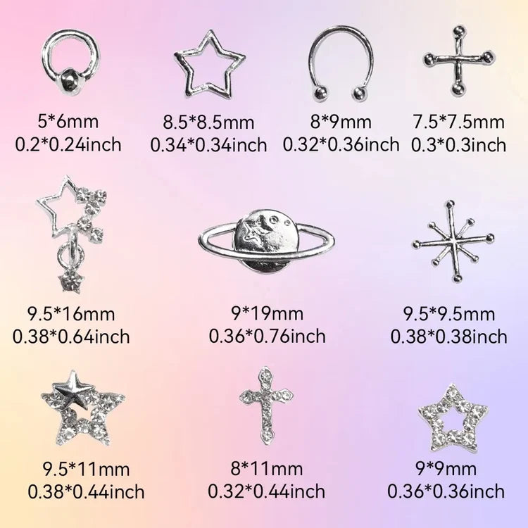 110PCS Star Nail Charms for Acrylic Nails,Silver Star Planet Cross Alloy Nail Art Decoration, Nail Stones Nail Jewels Accessorie