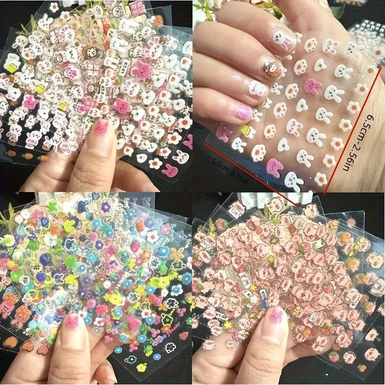 10pcs Kids Cartoon Nail Stickers - Waterproof Self-Adhesive Vinyl Nail Art with Cute Bunny, Animal & Fruit Designs