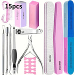 10/15pcs Professional Nail Art Kit with 100/180 Grit Files,Buffer Sponge,Brush,Scissors,Cuticle Nippers Pushers Gel Polish Tools