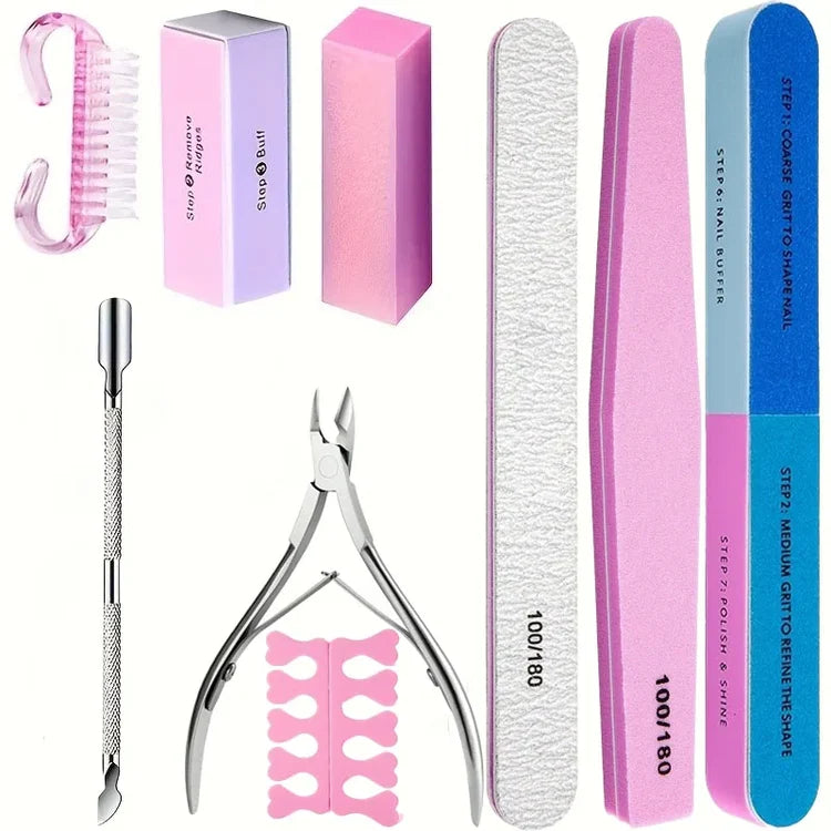 10/15pcs Professional Nail Art Kit with 100/180 Grit Files,Buffer Sponge,Brush,Scissors,Cuticle Nippers Pushers Gel Polish Tools