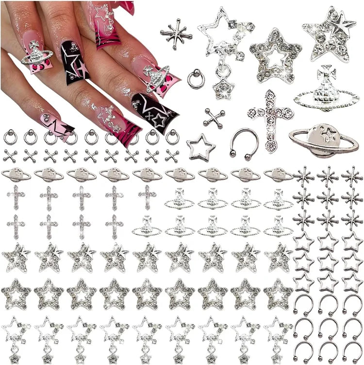 110PCS Star Nail Charms for Acrylic Nails,Silver Star Planet Cross Alloy Nail Art Decoration, Nail Stones Nail Jewels Accessorie